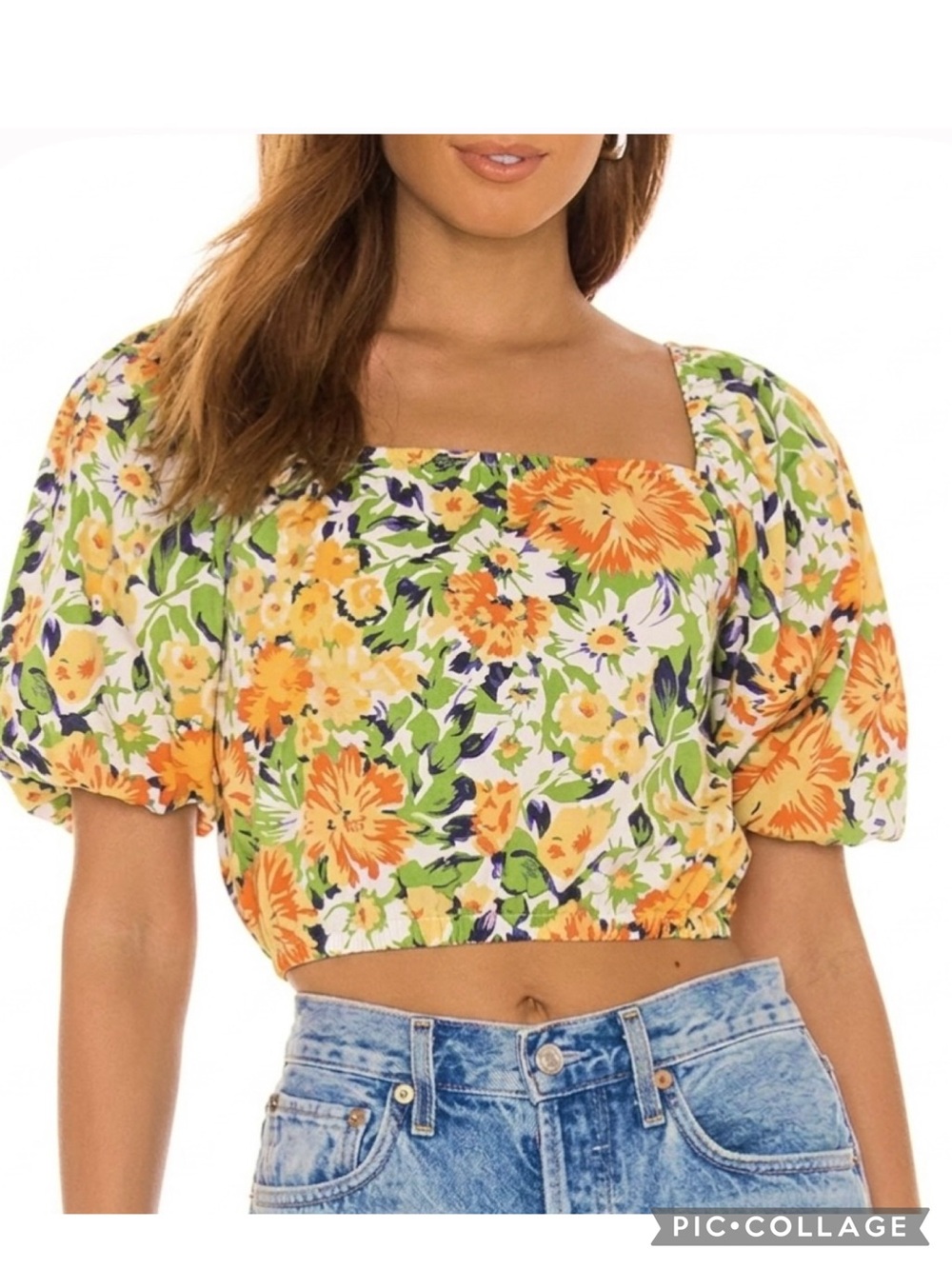 Cynthia Rowley Orange Green Multi Short Balloon Sleeve Floral Crop Top S Boho